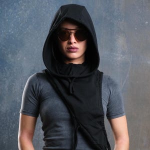 Nomad Hood Avant Garde Hooded Top Asymmetrical Festival Hoodie Techwear Apocalyptic Style Clothing Burning Man Wasteland Outfit clubwear