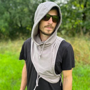 Nomad Hood Avant Garde Hooded Top Asymmetrical Festival Hoodie Techwear Post Apocalyptic Style Clothing Burning Man Wasteland Outfit Mens