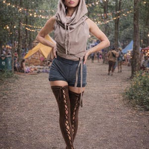 Könnte beinhalten: Eine Person trägt ein beigefarbenes Kapuzenshirt, eine Sonnenbrille und dunkelblaue Shorts. Sie trägt auch braune, schnürbare Oberschenkel-Leggings. Der Hintergrund zeigt einen Wald mit Zelten und Lichterketten, was auf ein Festival oder eine Outdoor-Veranstaltung hindeutet.