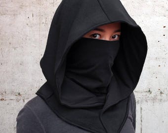 Ninja Assassin Hood with Removable Mask Cotton Black, Red, Purple, Blue Festival Rogue Cosplay Wasteland Hood Top LARP Renaissance Faire