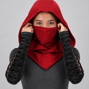 Red Hood with Removable Mask Cotton | Linen | Wool Festival Rogue Cosplay Wasteland Hood Top Assassin Ninja LARP Ren Faire Rogue