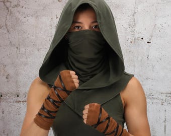 Capuche verte d'assassin Archer avec masque amovible, haut à capuche GN Renaissance Ren Faire, doublé coton