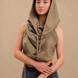 Dune Style Festival Boho Beach Cover Up Women’s Hooded Hood Tie up Forrest Top Pixie Halter Crop Top, 100% Cotton One Size Burning Man