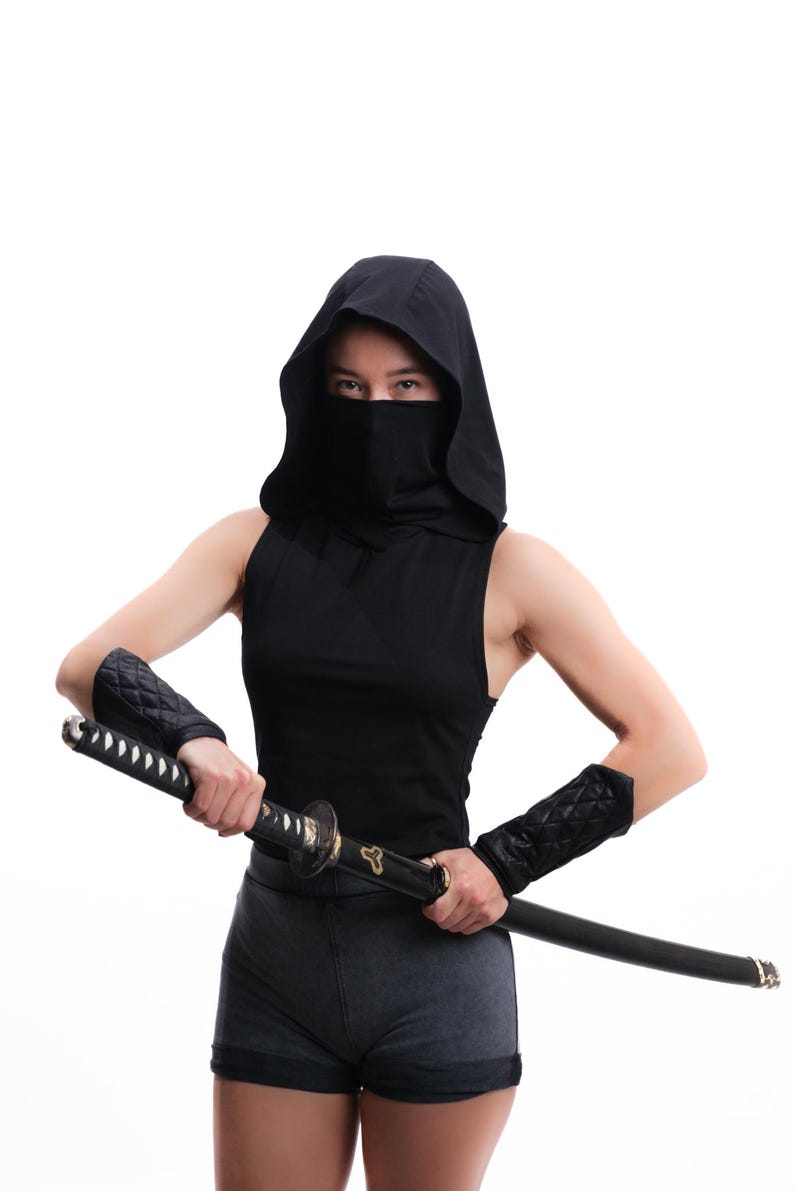 Assassin Vest Top Hooded with Removable Mask, Burning Man Outfit Women, Apocalyptic Festival Clothing, Rogue Cosplay, Wasteland Hood Top image 4