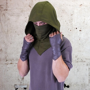 Green Archer Assassin Hood & Detachable Mask - Medieval Larp Rogue Costume Reenactment and Ren Faire Cosplay Accessories - 3 Fabric Options
