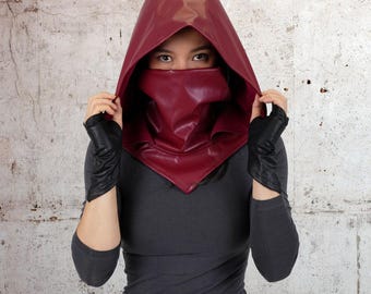 Teufels-Masken-Kapuze Aus Kunstleder: Perfekt Für Cosplay, Gothic & Techwear – Verstellbar, Weich & Mit Integrierter Maske (Matt Schwarz)