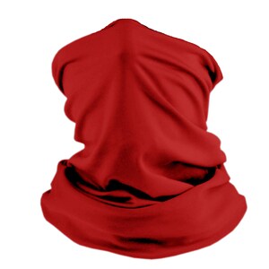 K&ouml;nnte beinhalten: Ein einfarbiger roter Nackentuch aus weichem Stoff. Es kann als Gesichtsmaske, Halsw&auml;rmer oder Stirnband getragen werden.