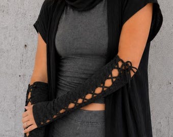 Gothic Lace Up Gloves | Fingerless Costume Arm Warmers for Medieval Witch Cosplay, Ren Faire, LARP Archer, Steampunk, Vampire, Festival Wear