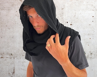 Distressed Black Shawl Wrap Cloak Apocalyptic Assassin Hood Festival Cowl Costume Cosplay Larp Reenactment Alt Clothing Dystopian Head Scarf