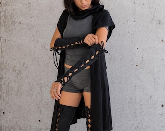 Washed Black Lace-Up Leg & Arm Warmers Set | Gothic Steampunk Festival Socks Costume | Medieval Victorian Cosplay Gloves | Apocalypse Ninja