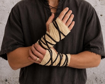 Sand Battle Wraps Medieval Hand & Wrist Binding Fingerless Gauntlet Fantasy Gloves Viking Armor Ren Faire Ranger Larp Cuff Cosplay Costume