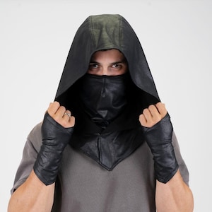 Conjunto de luvas e máscara de capuz ninja assassino de couro preto, capuz falso, anime gótico, kit de ferramentas para tela, camisa, capa, presente, fantasia, cosplay
