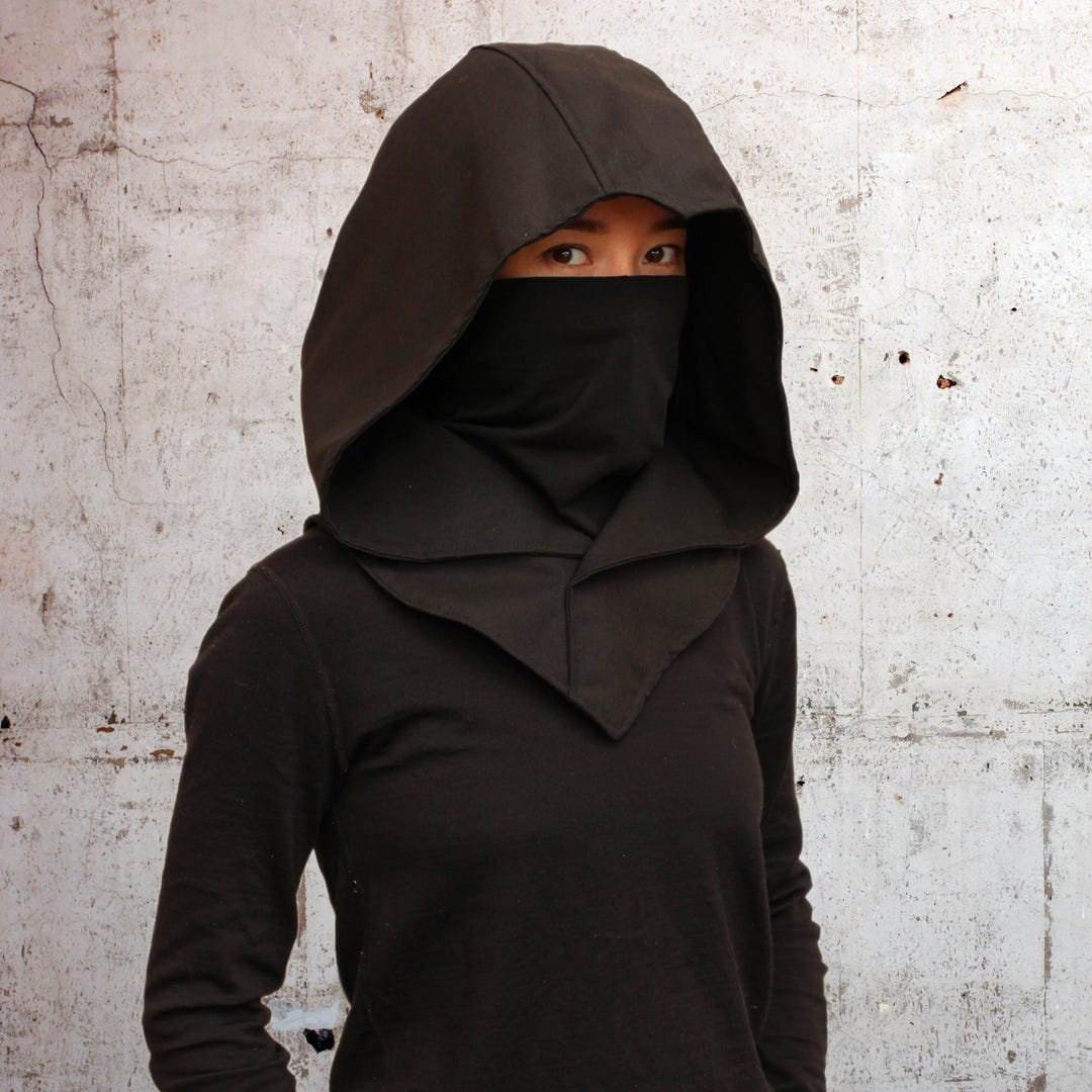 Black Cotton Linen Assassin Hood Detachable Mask Gothic Ninja Rogue ...