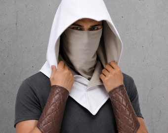 Capucha blanca con máscara extraíble de algodón negro, rojo, morado, azul Festival Rogue Cosplay Wasteland Capucha Top Asesino Ninja LARP Feria renacentista