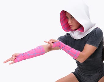 Gwen Hood Hoodie Costume Cosplay Mask Cape Cloak Gloves Into Across Spider Girl Super Hero Armor Prop Suit Jumpsuit Leggings