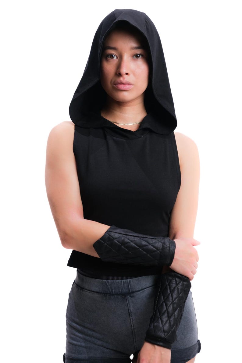 Assassin Vest Top Hooded with Removable Mask, Burning Man Outfit Women, Apocalyptic Festival Clothing, Rogue Cosplay, Wasteland Hood Top image 2