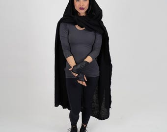 Distressed Black Shawl Wrap Cloak Apocalyptic Assassin Hood Festival Cowl Costume Cosplay Larp Reenactment Alt Clothing Dystopian Head Scarf