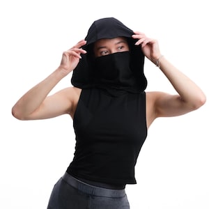 Assassin Vest Top Hooded with Removable Mask, Burning Man Outfit Women, Apocalyptic Festival Clothing, Rogue Cosplay, Wasteland Hood Top image 5