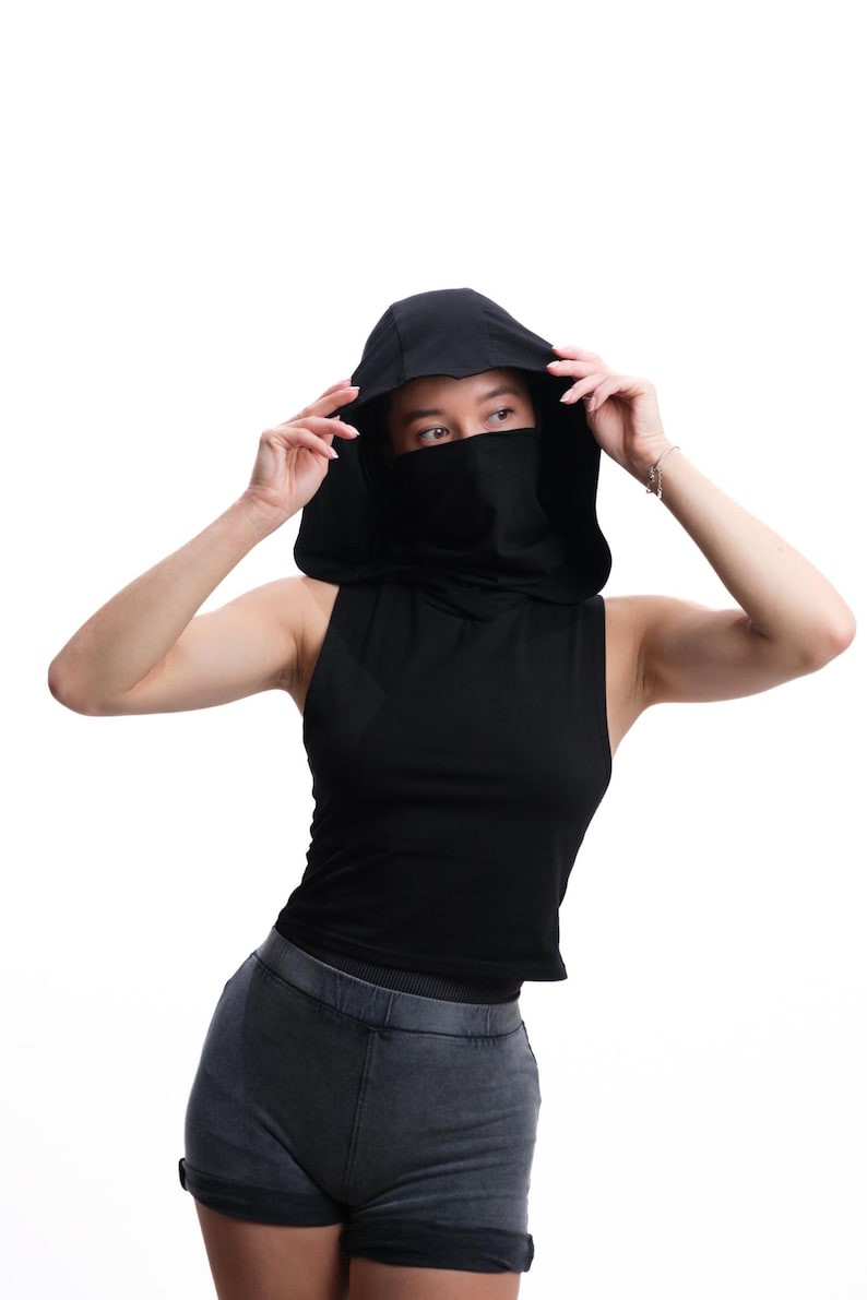 Assassin Vest Top Hooded with Removable Mask, Burning Man Outfit Women, Apocalyptic Festival Clothing, Rogue Cosplay, Wasteland Hood Top image 5