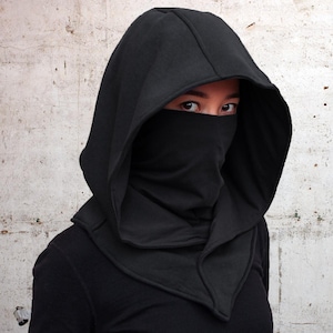 Black Ninja Assassin Hood with Detachable Mask - Rogue Cosplay LARP Accessory Steampunk Festival & Renaissance Faire Costume  – 3 Fabrics