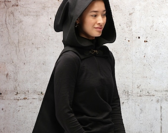 Short Hooded Elf Capelet – Black Wool Blend Cloak with Brass Clasp – Medieval, Fantasy & Renaissance Faire Costume Accessory