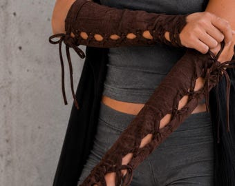 Medieval Lace Up Gloves | Fingerless Costume Arm Warmers for Gothic Witch Cosplay, Ren Faire, LARP Archer, Steampunk, Vampire, Festival Wear