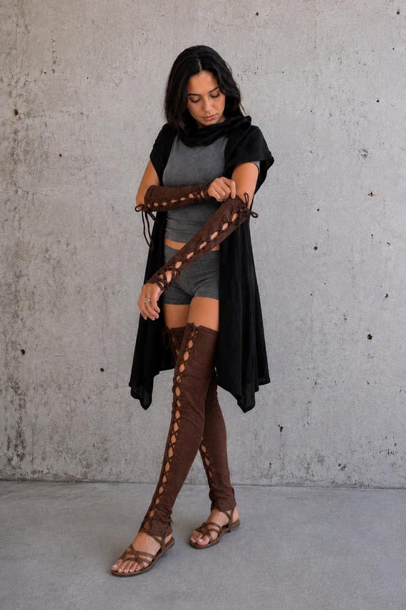 Medieval Lace Up Gloves | Fingerless Costume Arm Warmers for Gothic Witch Cosplay, Ren Faire, LARP Archer, Steampunk, Vampire, Festival Wear
