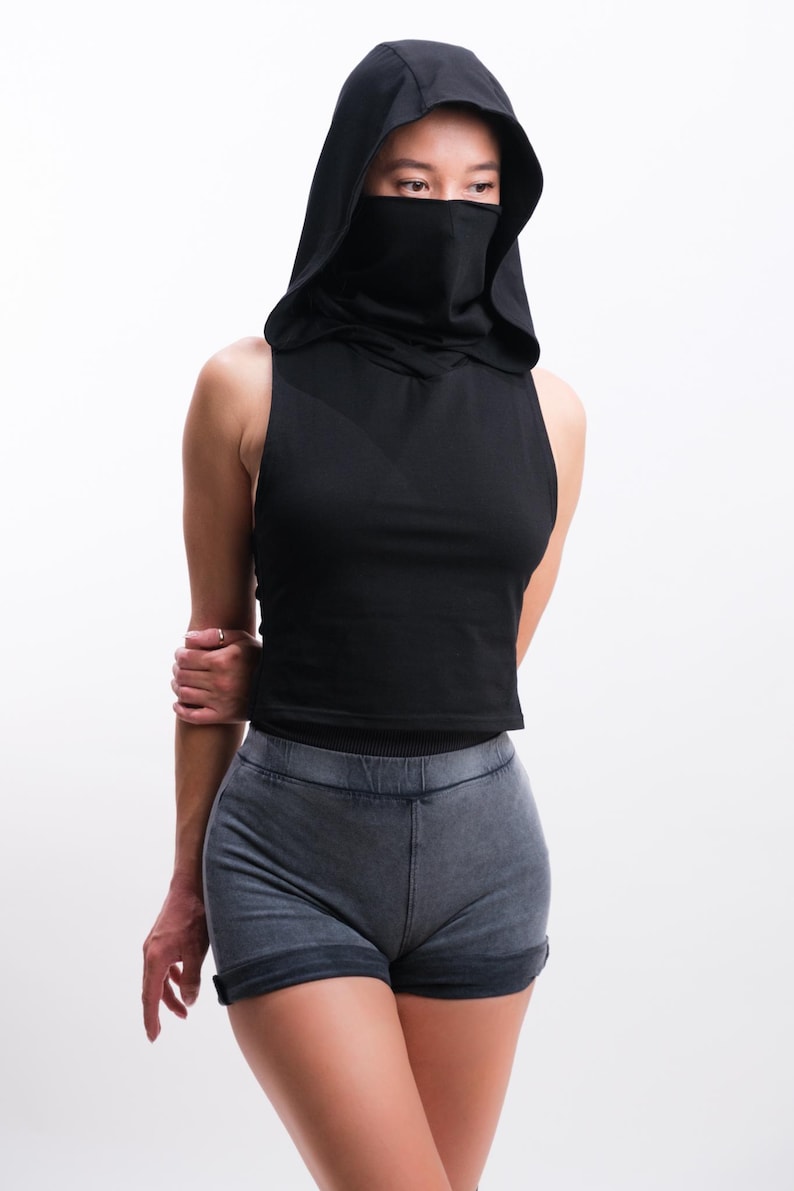 Assassin Vest Top Hooded with Removable Mask, Burning Man Outfit Women, Apocalyptic Festival Clothing, Rogue Cosplay, Wasteland Hood Top image 6