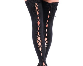 Womens Gothic Thigh High Leggings Pants Black Socks Tights Lace Tie Up Medieval Halloween Larp Carnival Elf Witch Festival Costume Cosplay