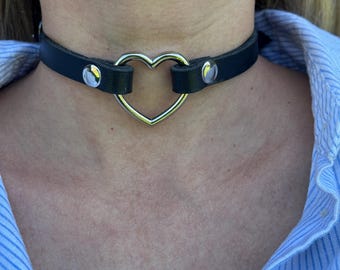 Black Leather Heart Choker, Handmade Gothic Punk Collar