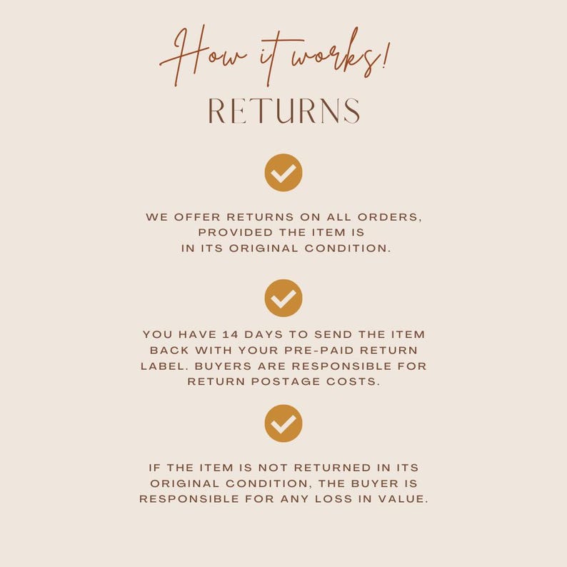 May include: An informational graphic with a light beige background and brown text titled How it works! RETURNS. It lists three points with gold checkmark icons: returns on orders in original condition, a 14-day return window, and loss in value policy.