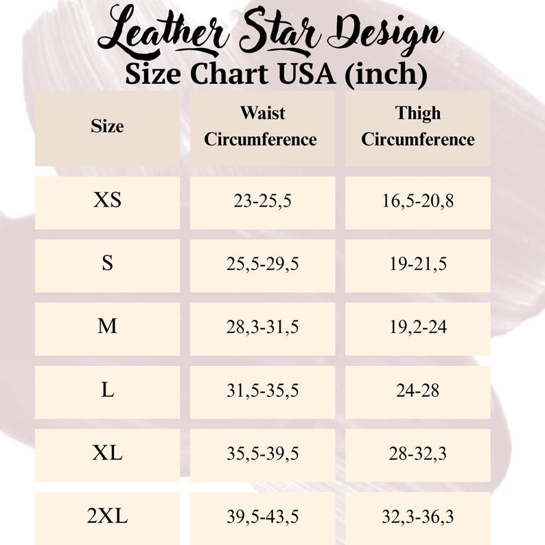 May include: A Leather Star Design size chart for the USA in inches. The table lists sizes from XS to 2XL with corresponding waist and thigh circumference measurements in inches, presented in a grid format with black text on a light background.