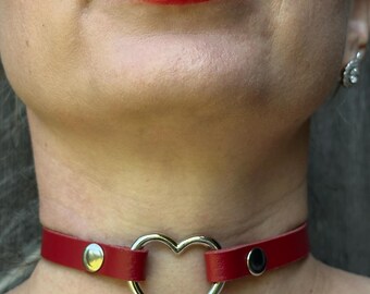 Red Leather Heart Choker: Handmade Gothic Punk Collar