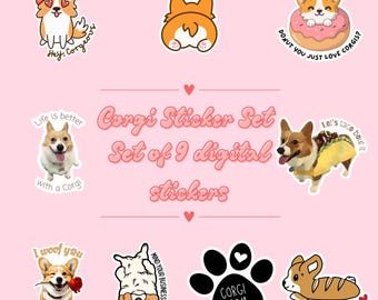 Corgi Digital Stickers - Set of 9 PNG Corgi Designs (Digital Download)