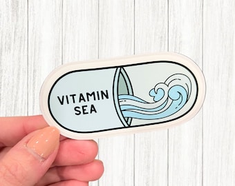 Vitamin Sea Pill Sticker: Ocean Waves Vinyl Decal for Laptop, Water Bottle