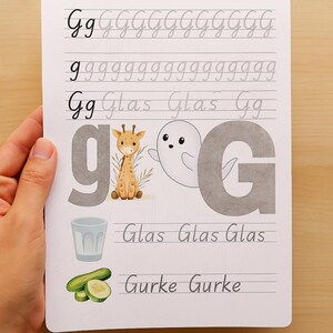 ¡Aprende la letra G de forma divertida! Linda página de práctica para escribir y descubrir: perfecta para que los pequeños se inicien en el abecedario.