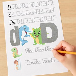 ¡Aprende la letra D de forma divertida! Linda página de práctica para escribir y descubrir: perfecta para que los pequeños se inicien en el abecedario.