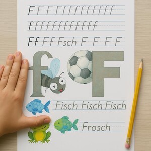 ¡Aprende la letra F de forma divertida! Linda página de práctica para escribir y descubrir: perfecta para que los pequeños se inicien en el abecedario.