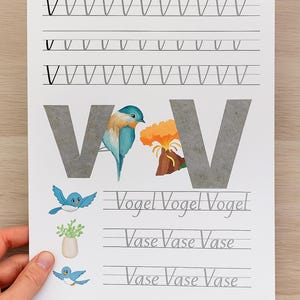 ¡Aprende la letra V de forma divertida! Linda página de práctica para escribir y descubrir: perfecta para que los pequeños se inicien en el abecedario.