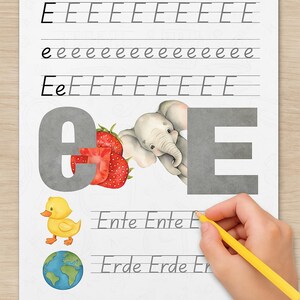 ¡Aprende la letra E de forma divertida! Linda página de práctica para escribir y descubrir: perfecta para que los pequeños se inicien en el abecedario.