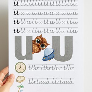 ¡Aprende la letra U de forma divertida! Linda página de práctica para escribir y descubrir: perfecta para que los pequeños se inicien en el abecedario.