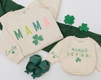 Personalized Mama and Mama's Lucky charm Sweatshirt, Mom And Baby Matching Family, Daughter Kid Sweatshirt, Retro OutFit, Baby Romper gift