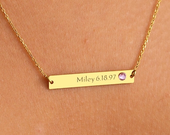 Customized Birthstone Bar Name Necklace, Name Engraved Necklace, Personalized Name Pendant, Name Bar Necklace, Birthstone Name Bar Pendant