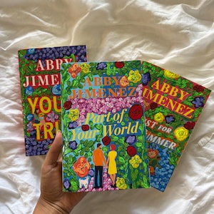 Hand-Painted Floral Romance Book Set | Part of Your World, Yours Truly, Just for the Summer by Abby Jimenez | Sustainable Paperback Decor