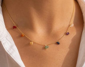 7 Chakra Gemstone Necklace, 14K Gold Filled, Boho Crystal Meditation Jewelry