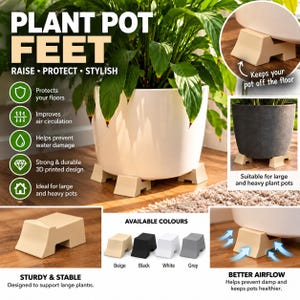 May include: A set of beige, black, white, and grey plant pot feet designed to elevate containers. These wedge-shaped supports feature a cutout base to improve air circulation and prevent water damage under large, heavy plant pots.