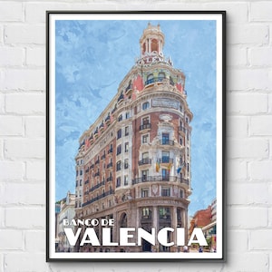 Banco de Valencia plakat, Vintage plakat podróżniczy Hiszpania, Wall Art Valencia, plakat retro Valencia, Cartel de Valencia, plakat wystrój domu Hiszpania