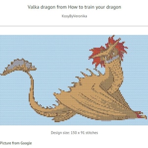 Könnte beinhalten: Kreuzstichmuster des Valka-Drachen aus "Drachenzähmen leicht gemacht". Der Drache ist in Beigetönen mit roten Akzenten dargestellt. Das Design misst 150 x 91 Stiche, vor einem hellblauen Hintergrund.