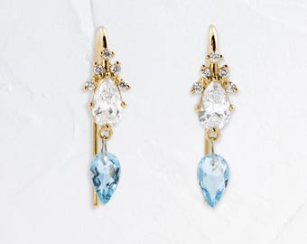 Orecchini pendenti a filo con pera, diamanti e acquamarina in oro giallo 14 carati, delicati e grappolo, pietra portafortuna di marzo, regalo di nozze per lei