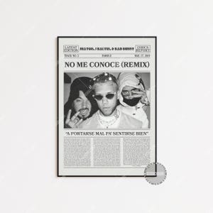 Stampa di giornale di Bad Bunny, J Balvin, Jhay Cortez, poster di No Me Conoce, stampa del testo di No Me Conoce, poster di Bad Bunny, Famouz, arredamento per la casa, LC3